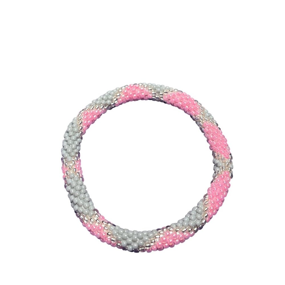 Pink and Grey Seed Bead Roll On Bracelet 6.75 inches